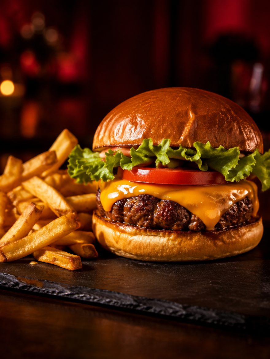 Cheeseburger mit Pommes