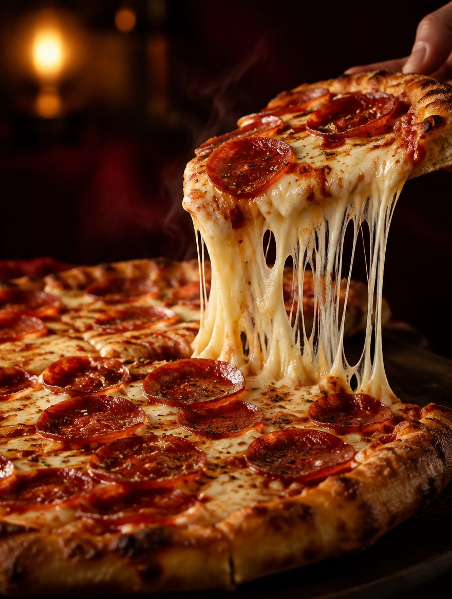 Pizza mit langgezogenem Mozzarella