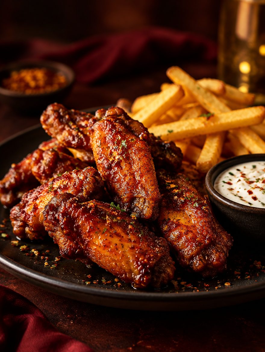 Chicken Wings mit Pommes und Dip